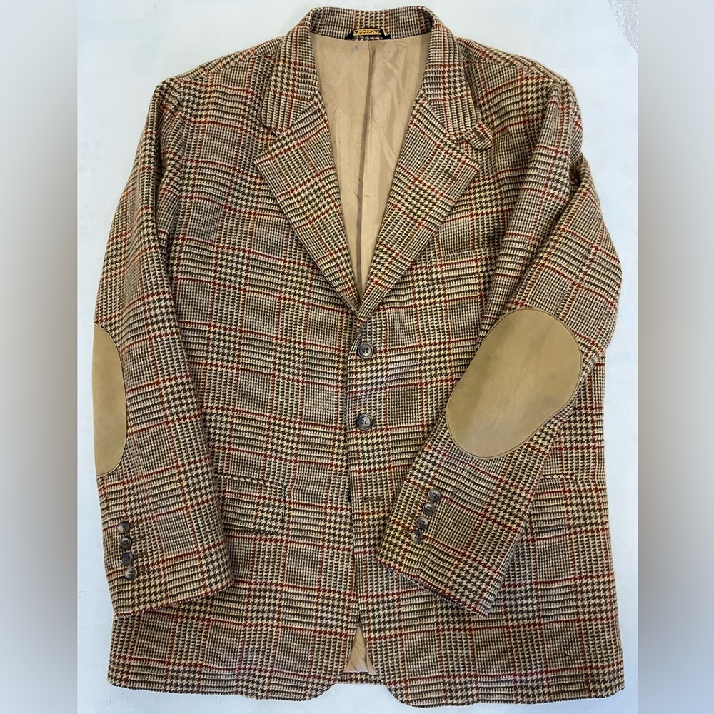 Faconnable Made in Italy Vintage Leather Trim Wool Check Tweed 3-Button Jacket L